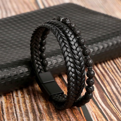 Braided Leather Bracelet with Genuine Stones