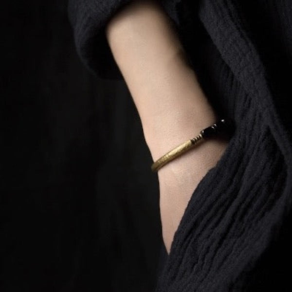 Black Obsidian Blocks Bracelet with Bronze Bangle