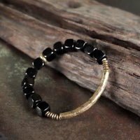 Black Obsidian Blocks Bracelet with Bronze Bangle