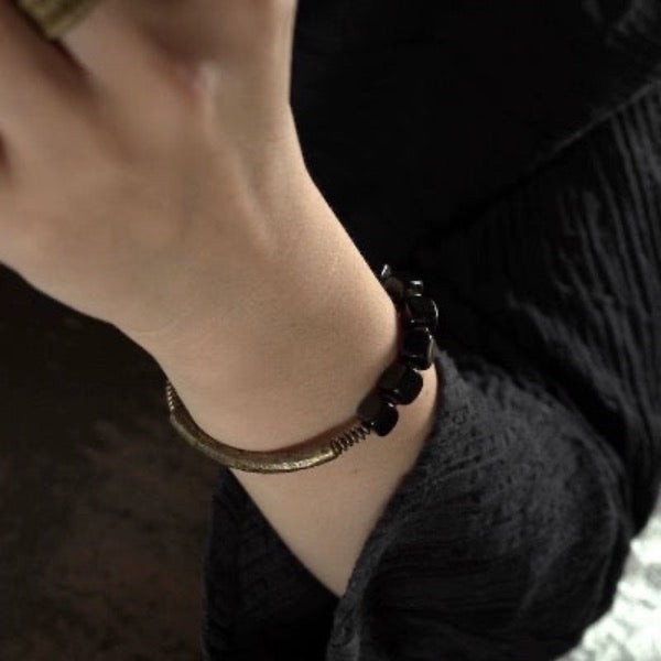 Black Obsidian Blocks Bracelet with Bronze Bangle