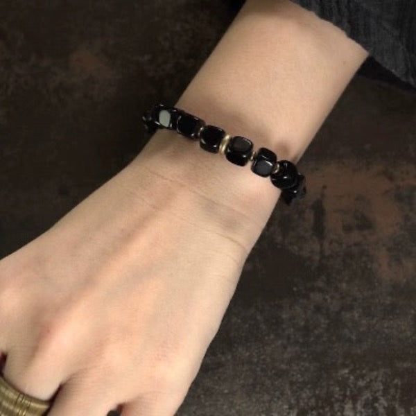 Black Obsidian Blocks Bracelet with Bronze Bangle