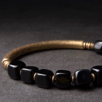 Black Obsidian Blocks Bracelet with Bronze Bangle