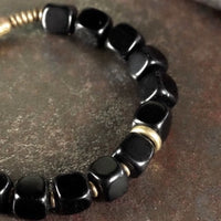 Black Obsidian Blocks Bracelet with Bronze Bangle