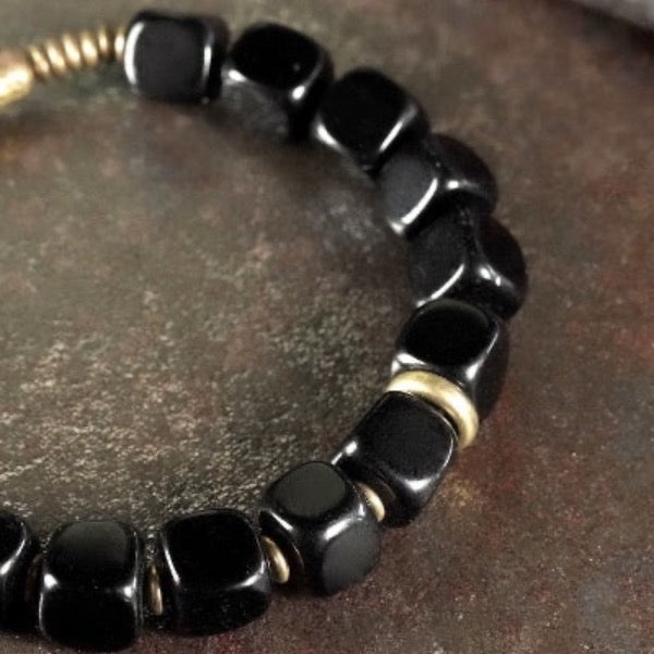 Black Obsidian Blocks Bracelet with Bronze Bangle