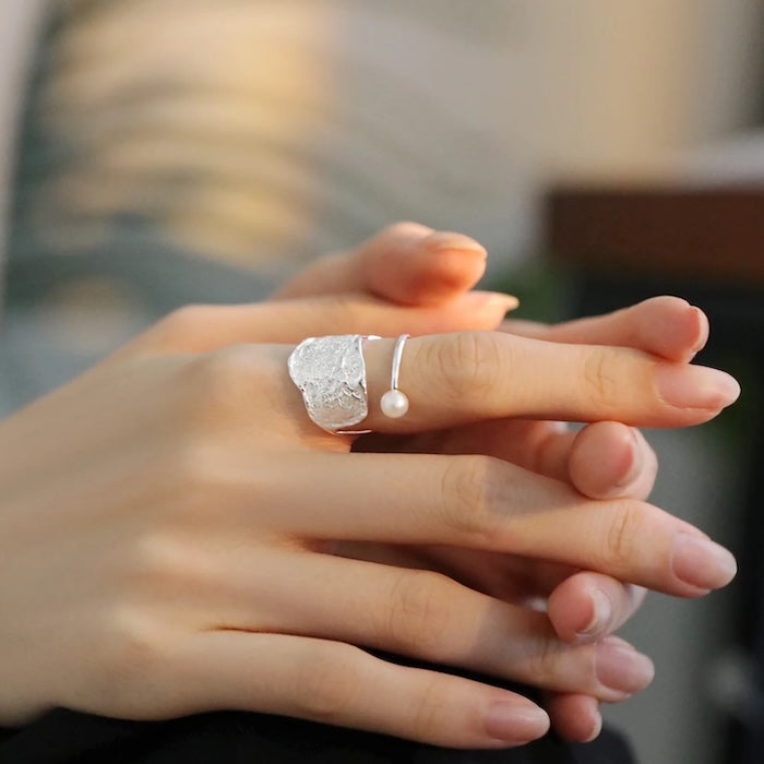 Sterling Silver Adjustable Textured Pearl Ring
