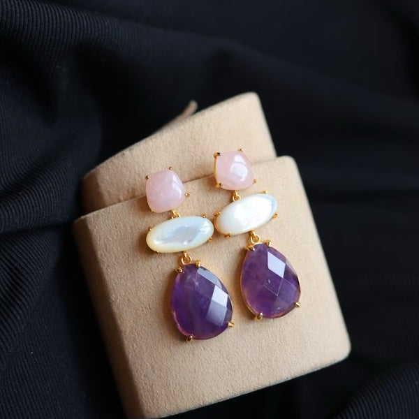 Unique Design Amethyst Rose Quartz Stone Earrings