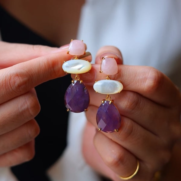 Unique Design Amethyst Rose Quartz Stone Earrings