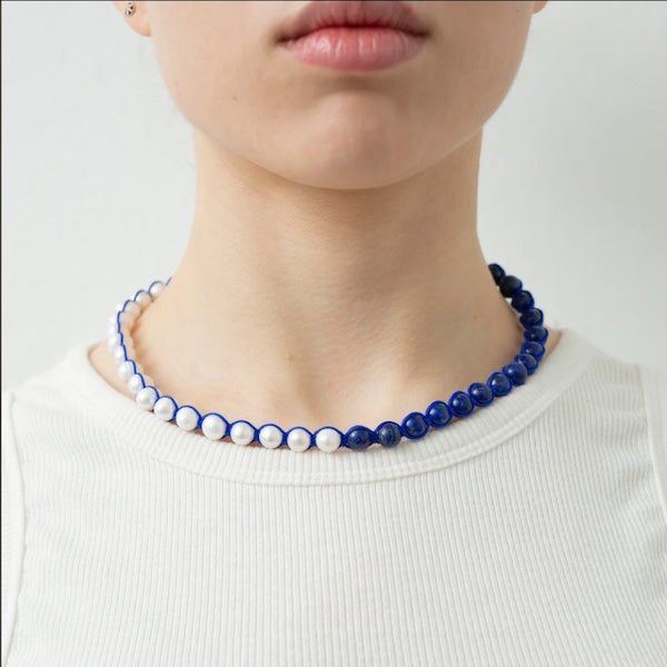 Minimalist yet Chunky Lapislazuli Pearl Beads Necklace