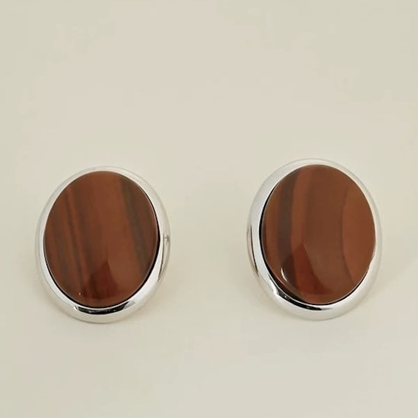 Bold Look Tiger Eye Stone and MOP Oval Ear Studs