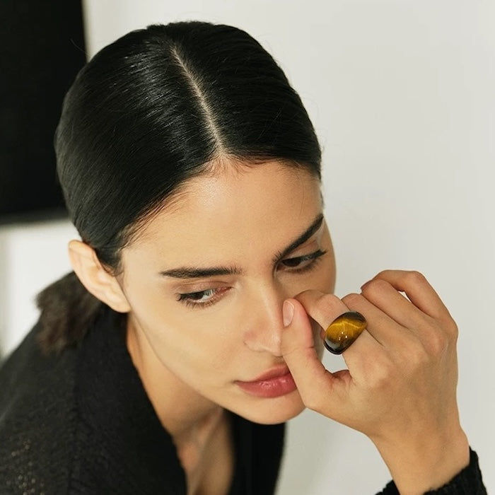 Minimalist Bold Look Ring-Tiger Eye Stone & White Jade