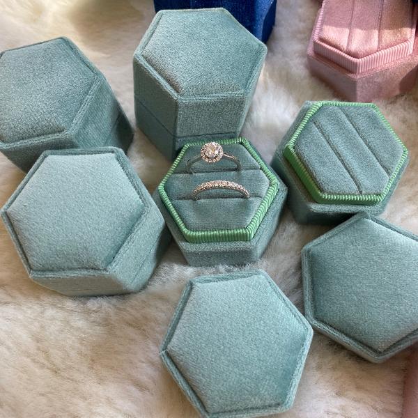 Hexagon Velvet Wedding Ring Box-Green colors