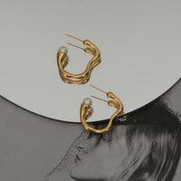 Modern Vintage Wavy Line Pearl Hoop Earrings