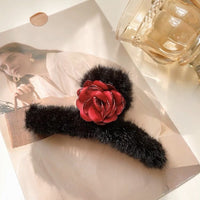 Elegant Rose Large Hair Clip-Black Fur