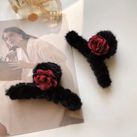 Elegant Rose Large Hair Clip-Black Fur