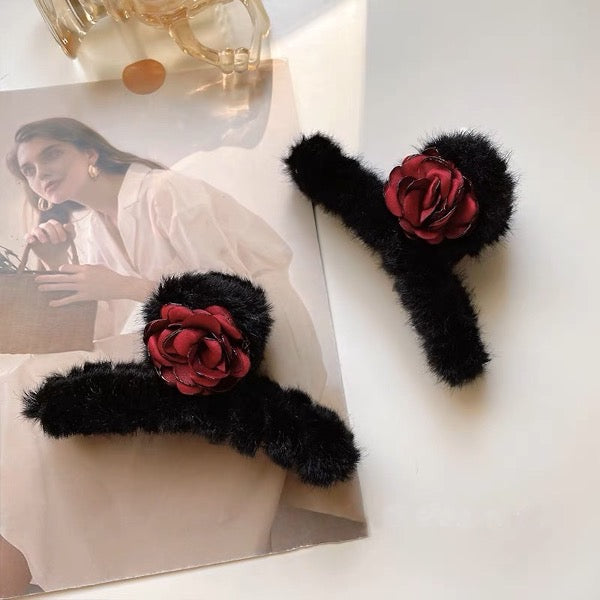 Elegant Rose Large Hair Clip-Black Fur