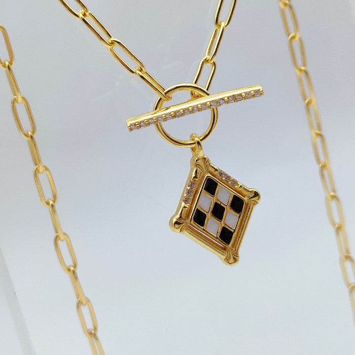 Vintage look check board necklace